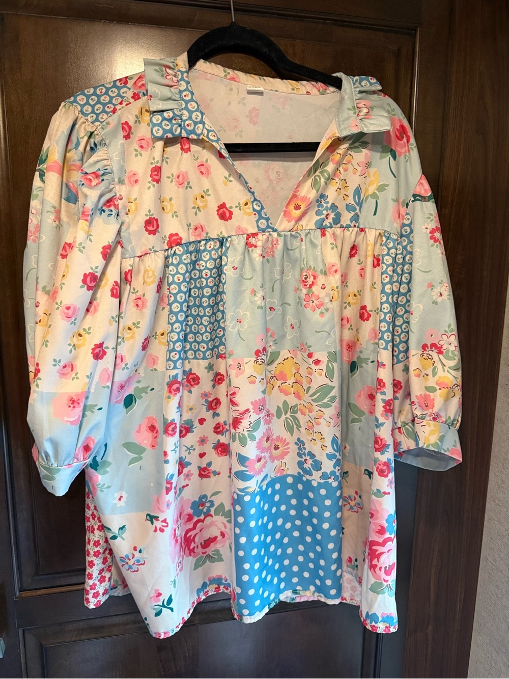 Floral Patchwork Smocked-Yoke Women’s Top in Light Blue